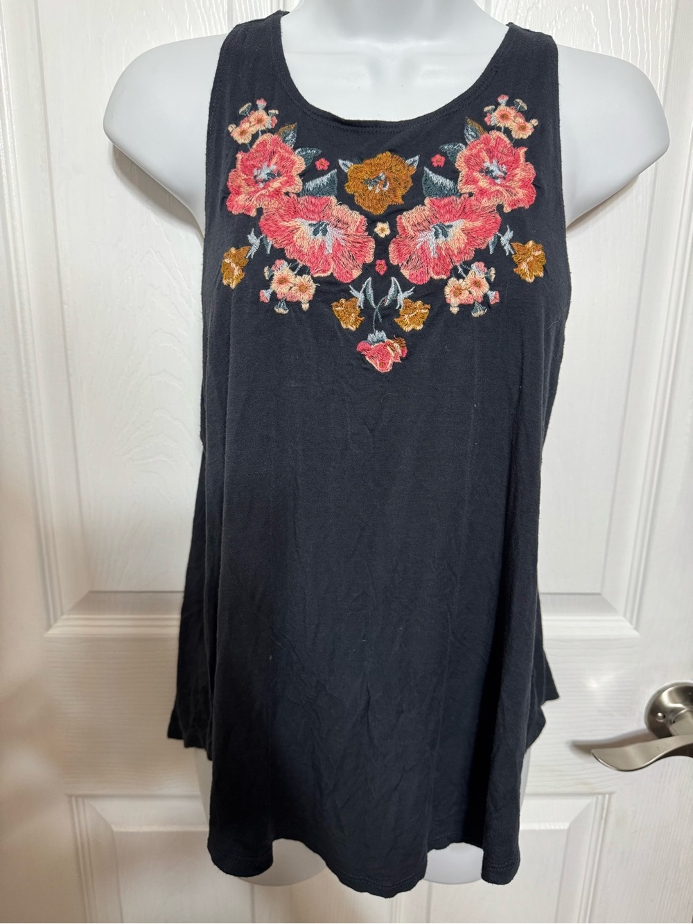 American Eagle Outfitters Black Tank Top with Coral & Mustard Floral Embroidery